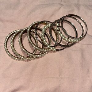 Elegant Pearl and Silver Set of 9 Bangles